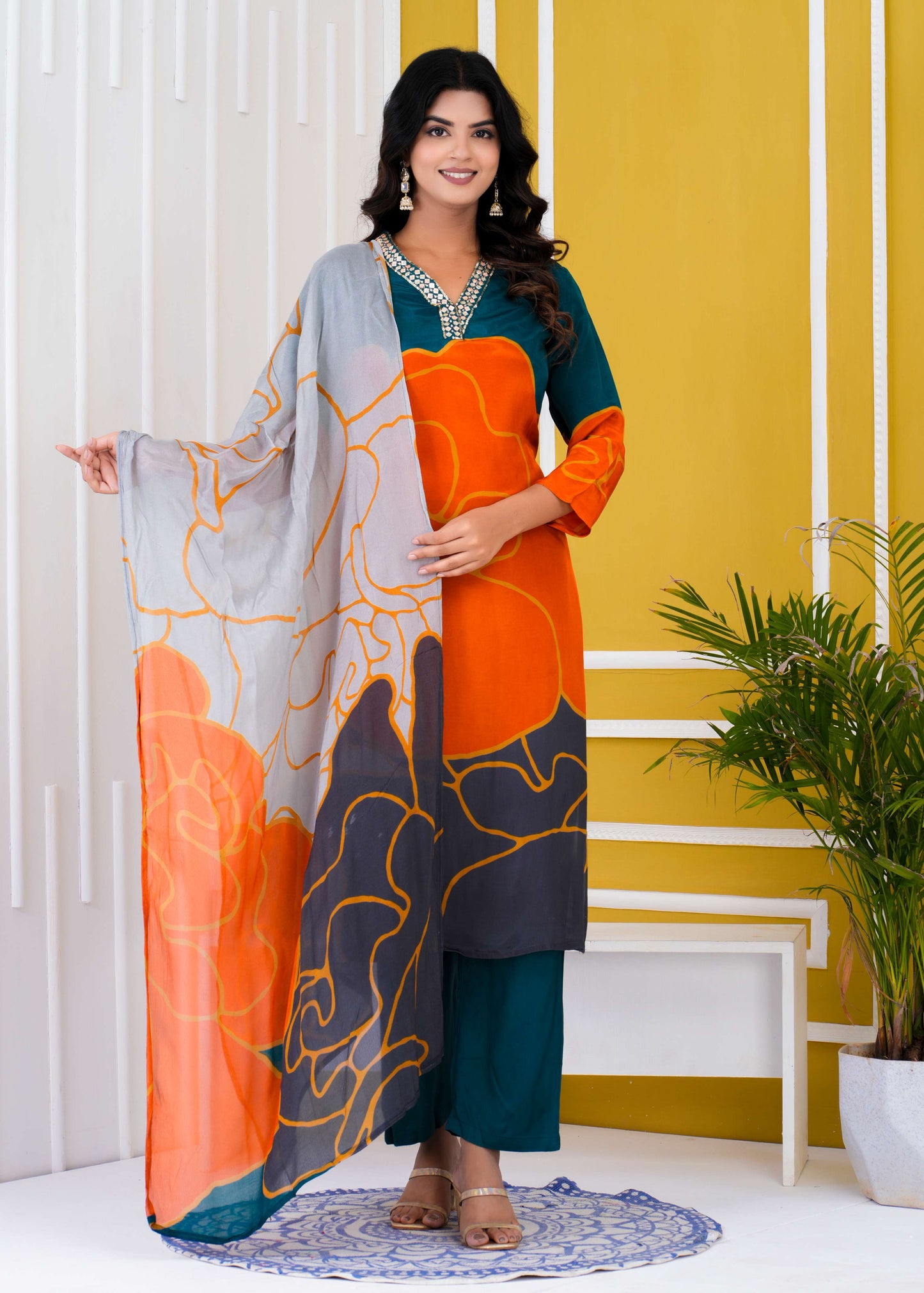 Pure Crape Kurti with pant and Dupatta. OM91750GBA