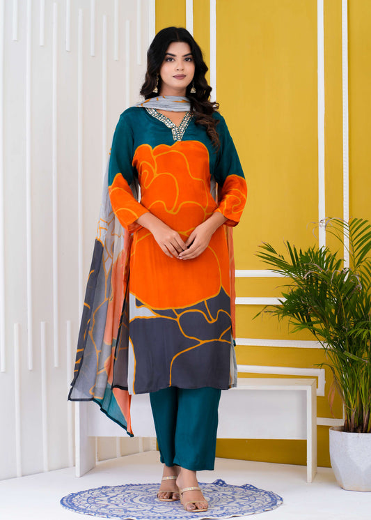 Pure Crape Kurti with pant and Dupatta. OM91750GBA