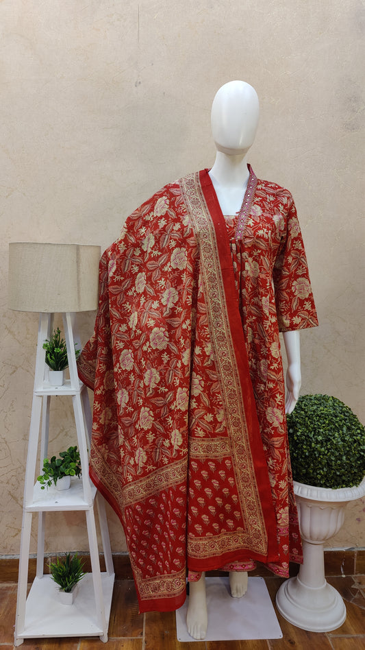 Pure Cotton Anarkali kurti with pant and Dupatta