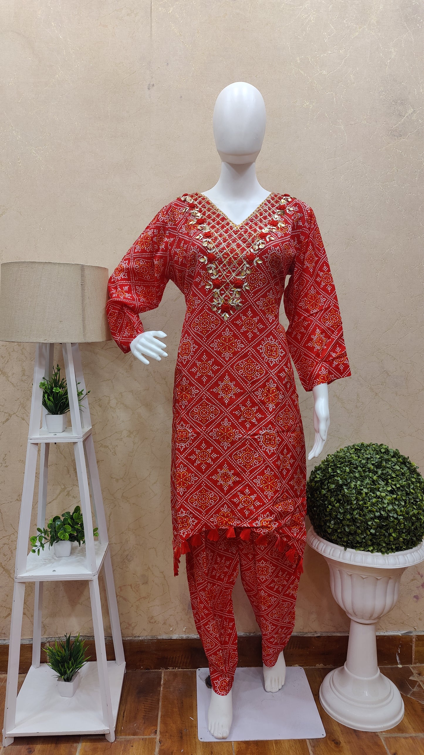 Pure Muslin Bandhej kurti with pant and Dupatta HM92300