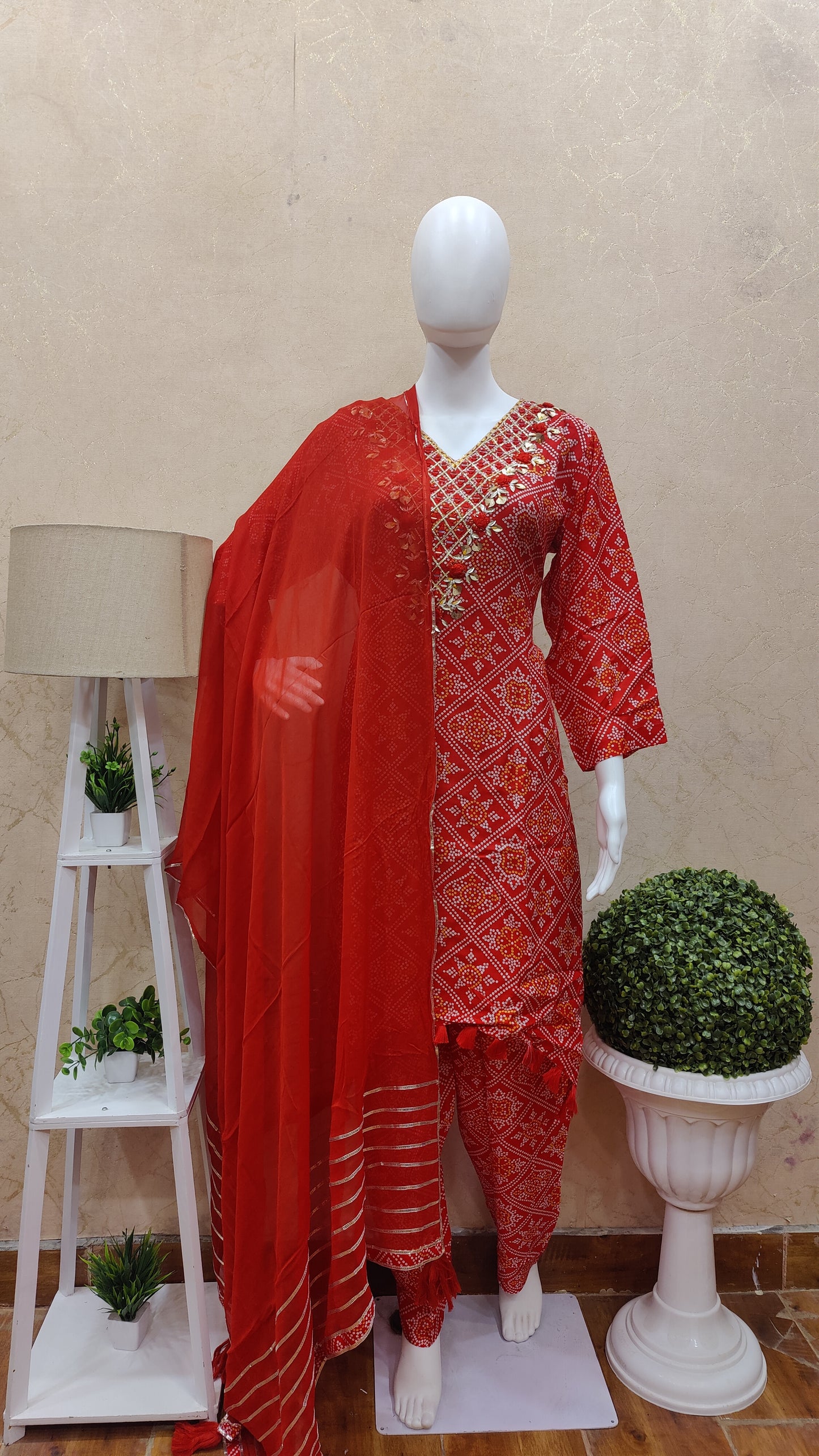 Pure Muslin Bandhej kurti with pant and Dupatta HM92300