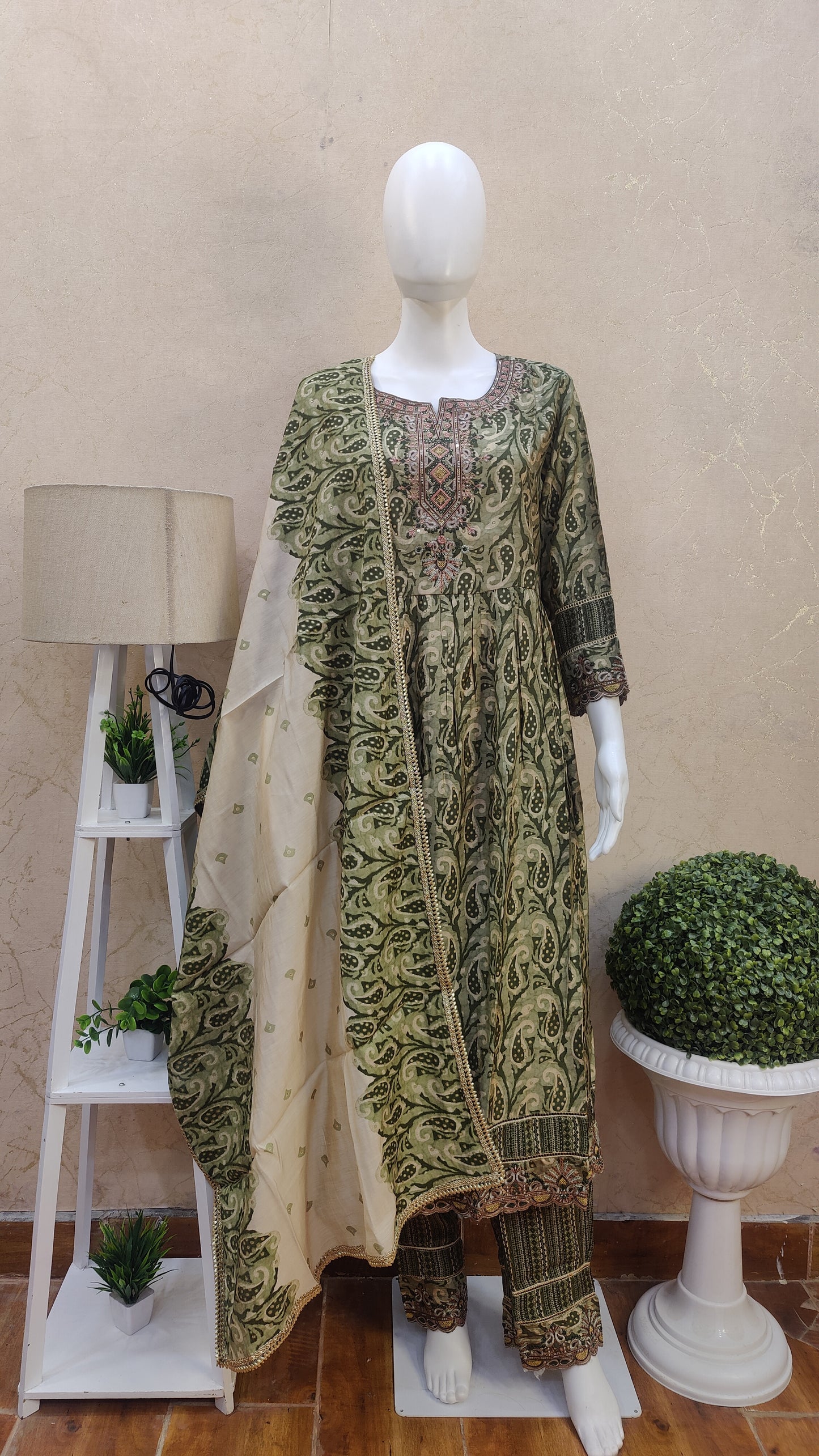 Pure Muslin Anarkali Kurti with Pant and Dupatta COM91970