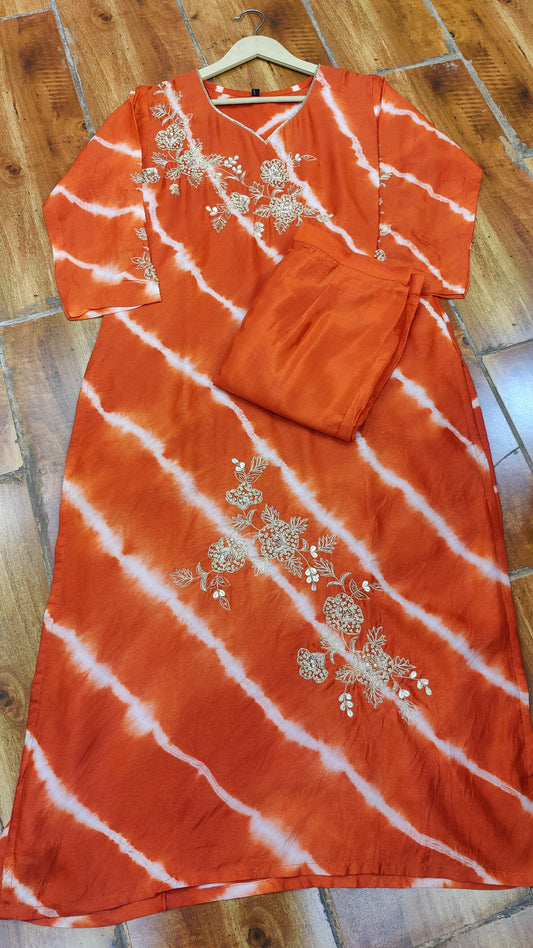 Pure Silk Lehariya Kurti with pant and Dupatta. M92100RF