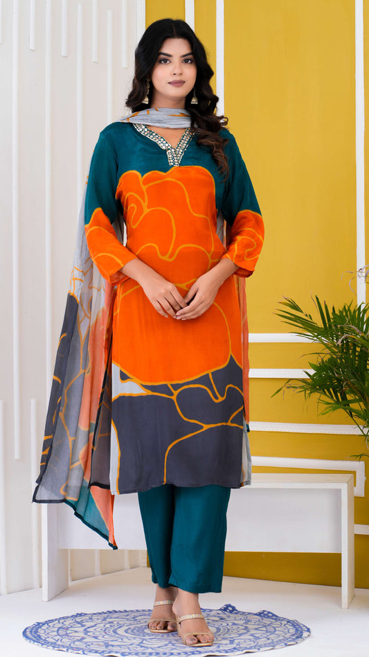 Pure Crape Kurti with pant and Dupatta. OM91750GBA