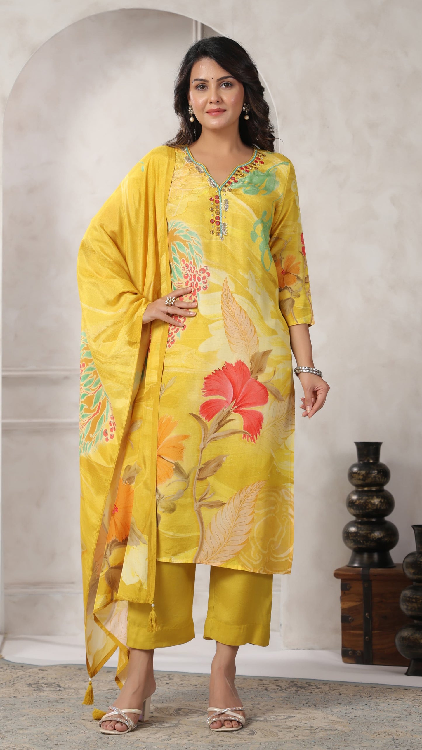 Pure Muslin kurti with pant and Dupatta M91565AUR