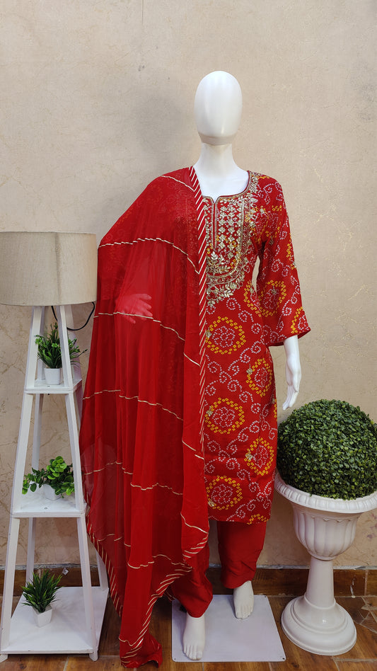 Pure Chinon Bandhej Kurti with pant and Dupatta M9200SSCHINO