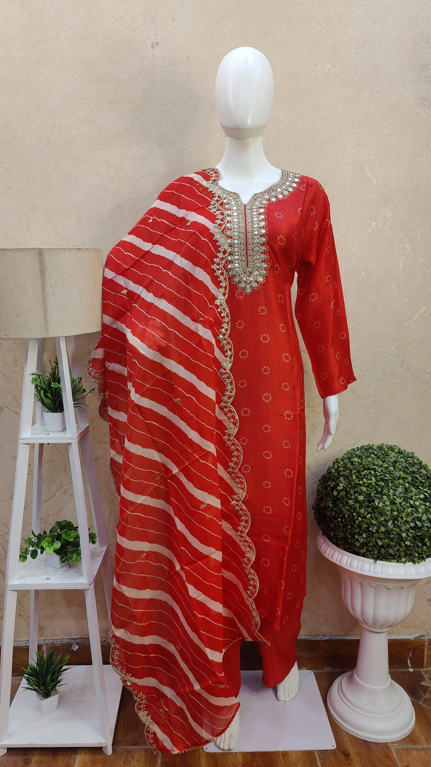 Silk Bandhej Kurti with pant and Dupatta MSS92200GAJJIB