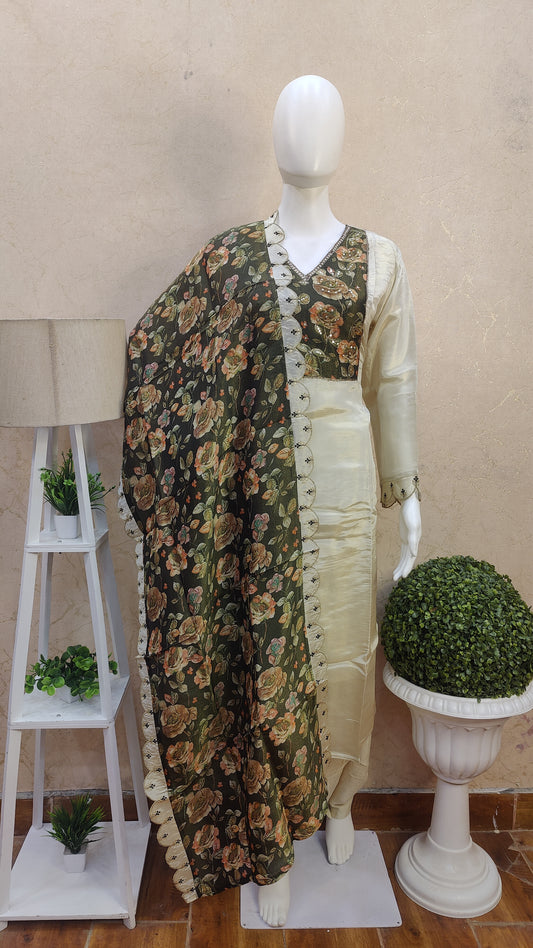 Pure Tissue Silk kurti with pant and Dupatta FLM92300TISSU