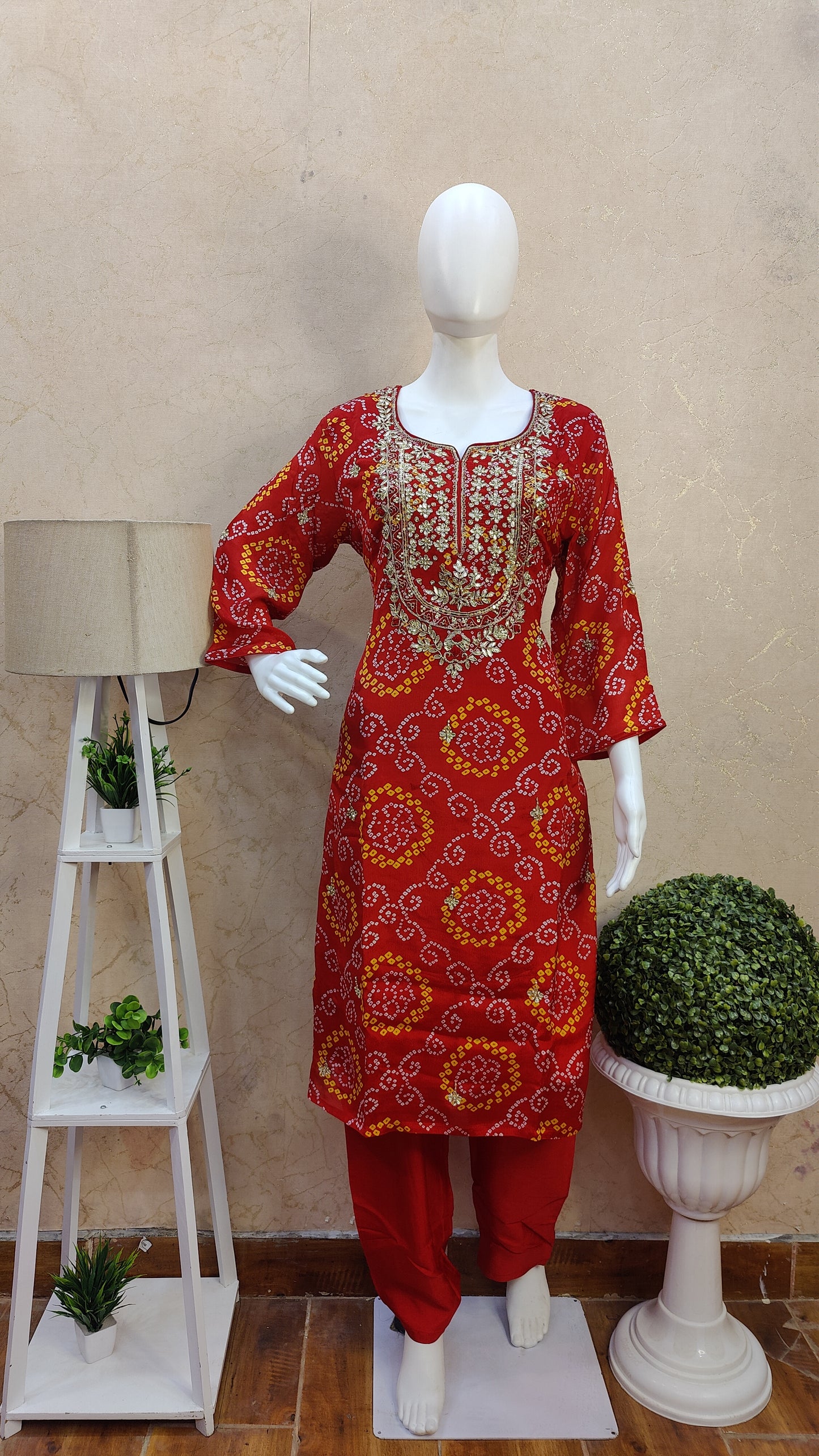 Pure Chinon Bandhej Kurti with pant and Dupatta M9200SSCHINO