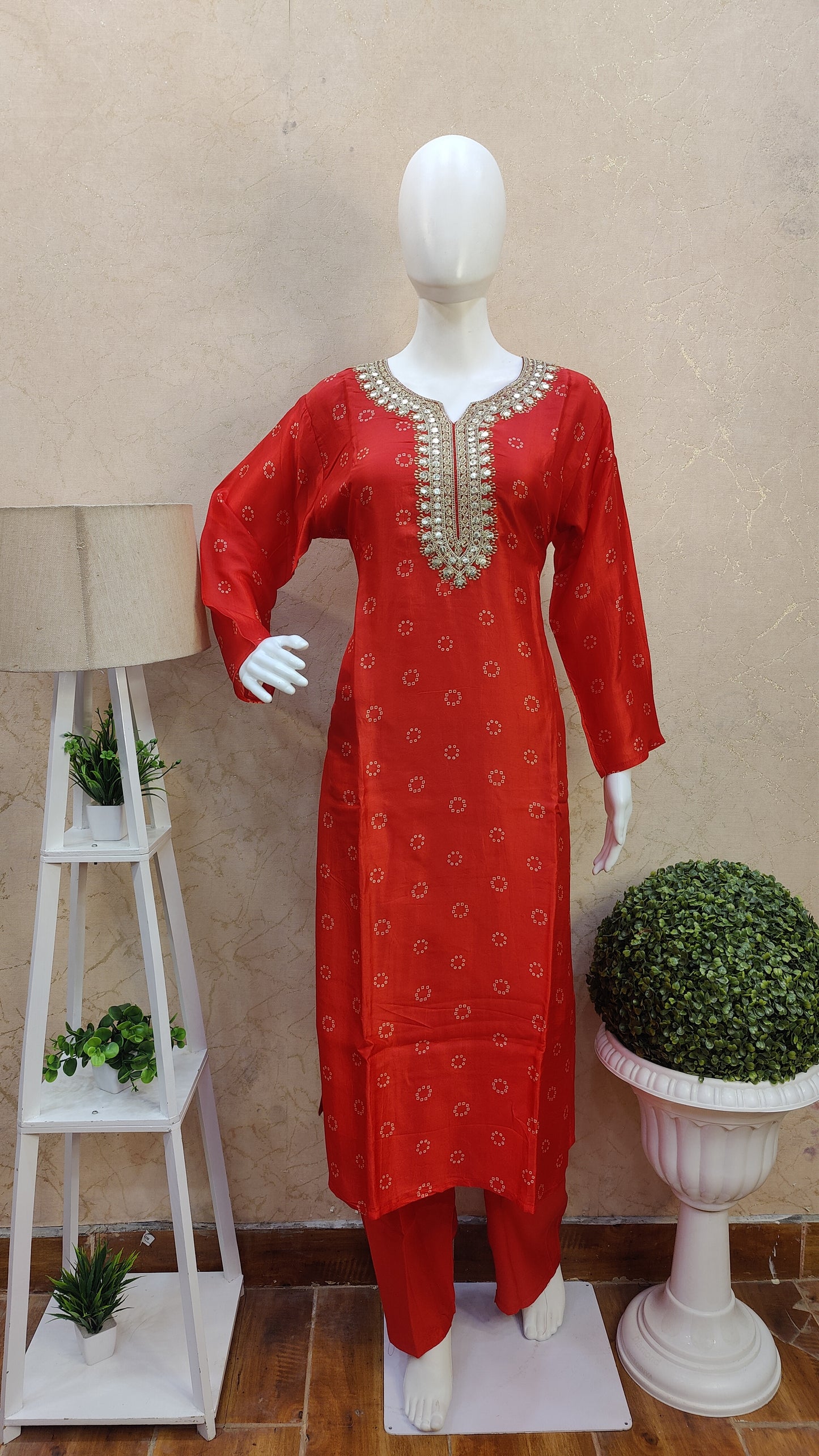 Silk Bandhej Kurti with pant and Dupatta MSS92200GAJJIB